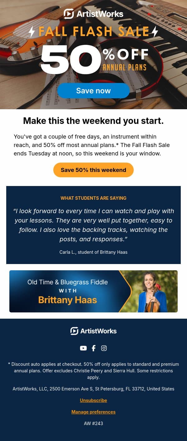 Your weekend plan: 50% off annual plans email from ArtistWorks screenshot
