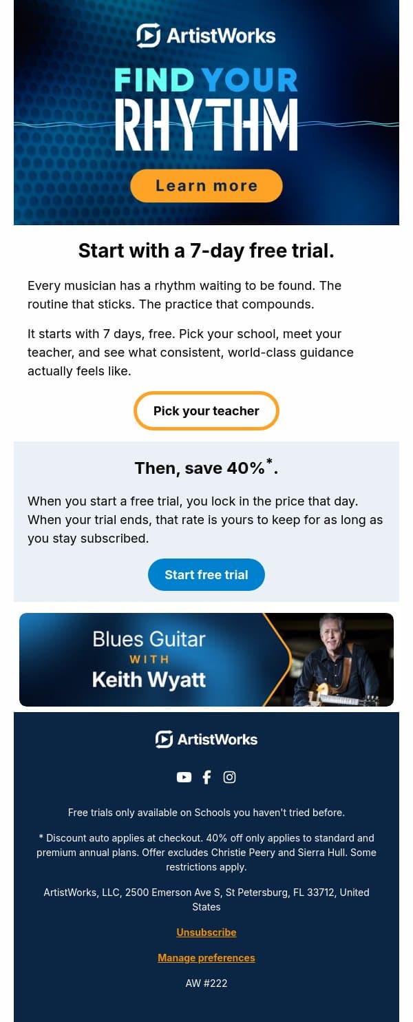 Hesitating? Try it free. email from ArtistWorks screenshot