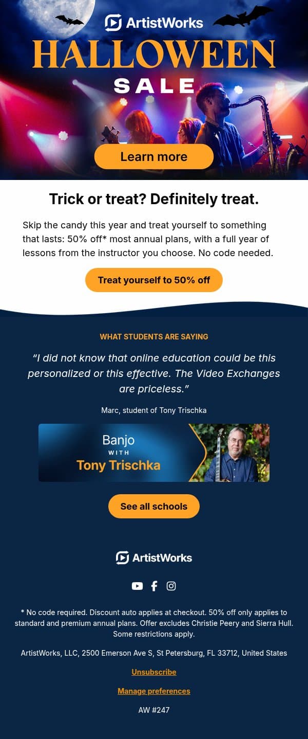 Trick or treat? Definitely treat. email from ArtistWorks screenshot