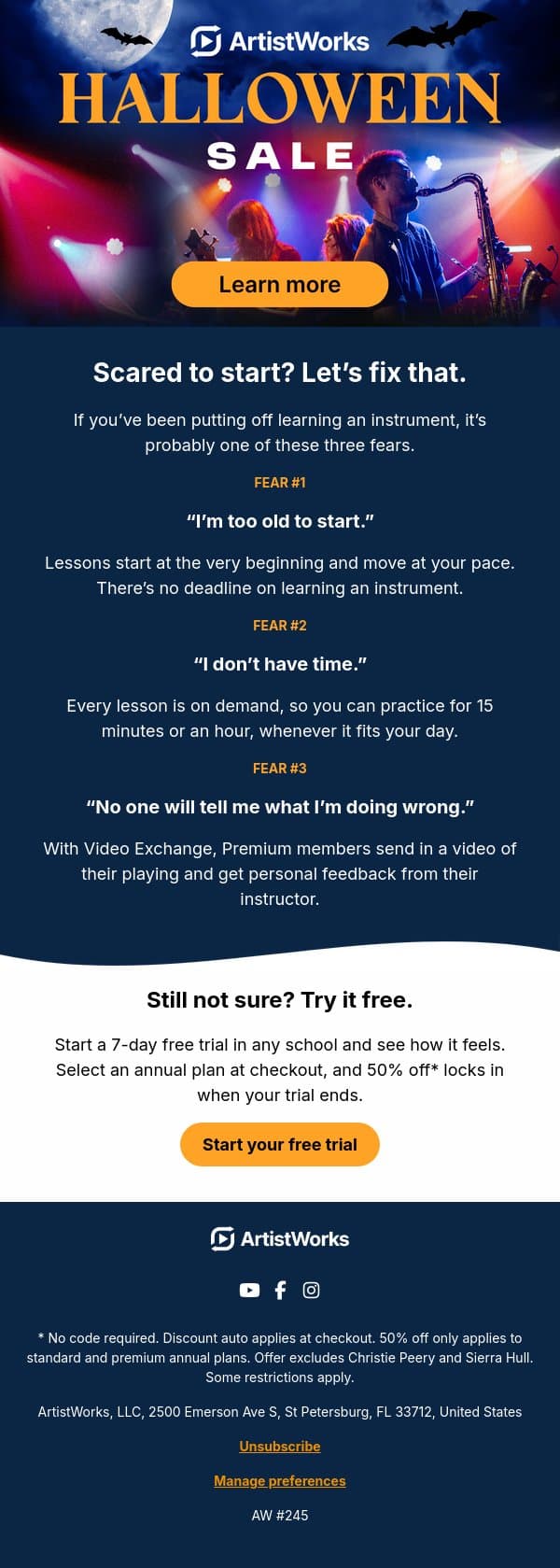 3 fears that keep you from playing email from ArtistWorks screenshot