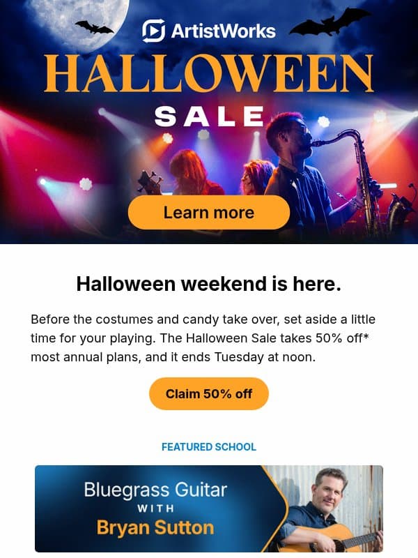 Before the candy: 50% off lessons email from ArtistWorks