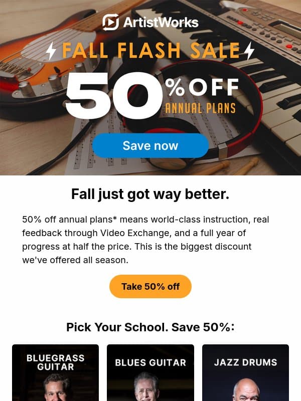 50% off annual plans! 🎉 email from ArtistWorks