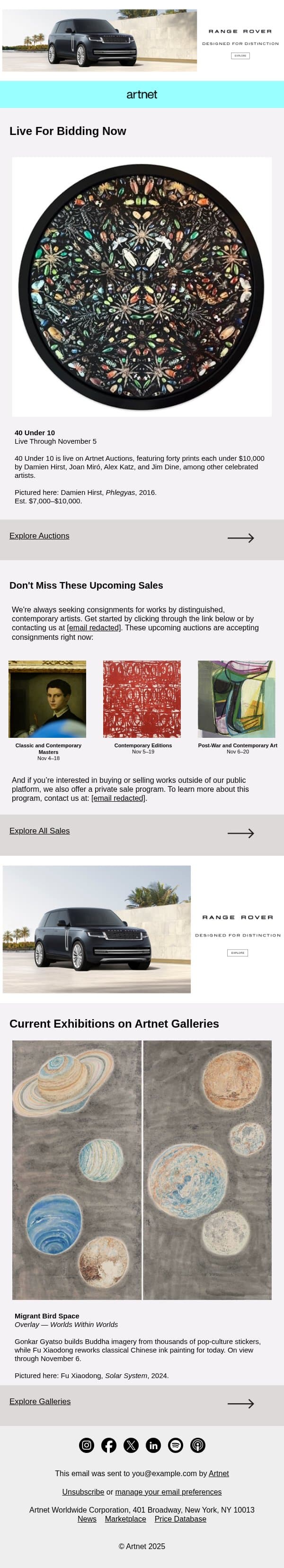 Live Now: Hirst, Miró, Katz & More email from Artnet screenshot