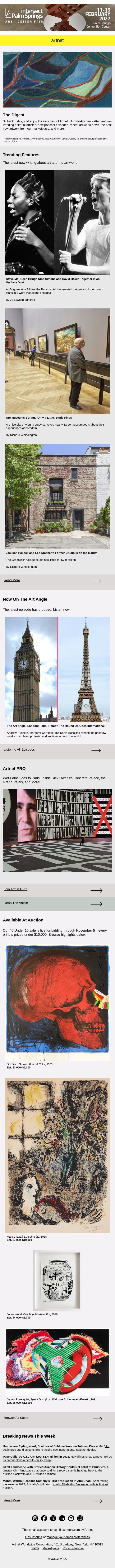 An Unlikely Duet, Pollock’s Studio & More email from Artnet screenshot