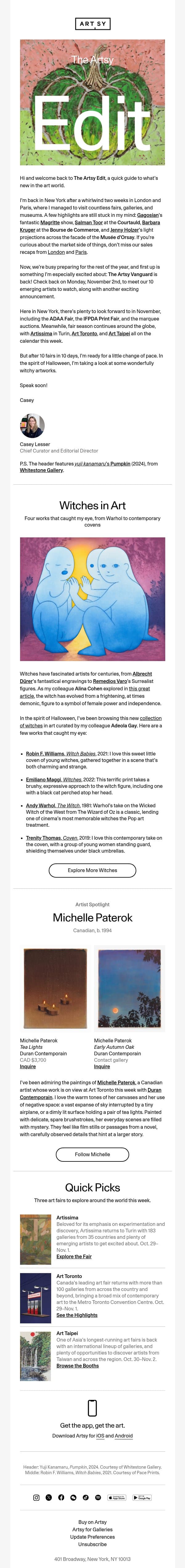 The Artsy Edit | Witchy art, a special announcement, and more art fairs! email from Artsy screenshot