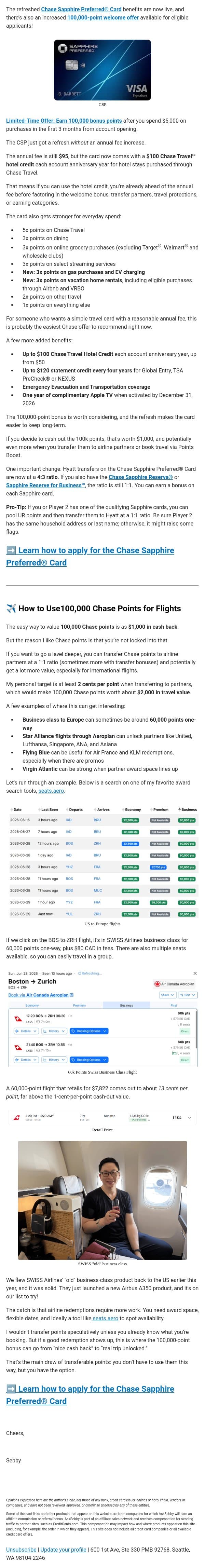 🚨 NEW Chase Sapphire Preferred® Card 100k Intro Bonus Plus More Benefits! email from AskSebby screenshot
