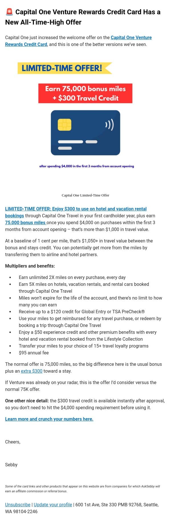 π¨ New All-Time High Offer: Earn 75,000 Miles + $300 Travel Credit email from AskSebby screenshot