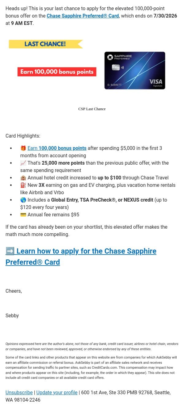 ๐จ Last Chance: 100K Bonus Points โ Don't Miss Out! email from AskSebby screenshot