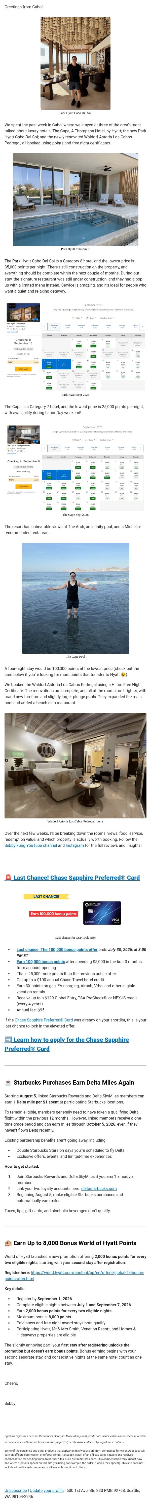 🏝️ Cabo’s Best Luxury Hotels on Points ✈️ Delta x Starbucks & Hyatt Bonus email from AskSebby screenshot