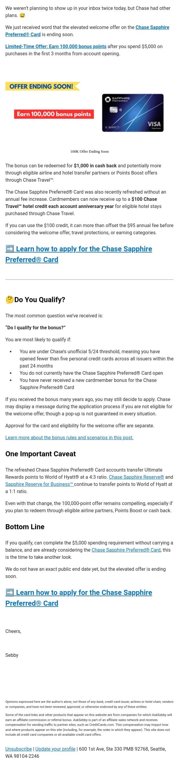 ⏰ Offer Ending Soon: 100,000 Bonus Points - Act Fast! email from AskSebby screenshot