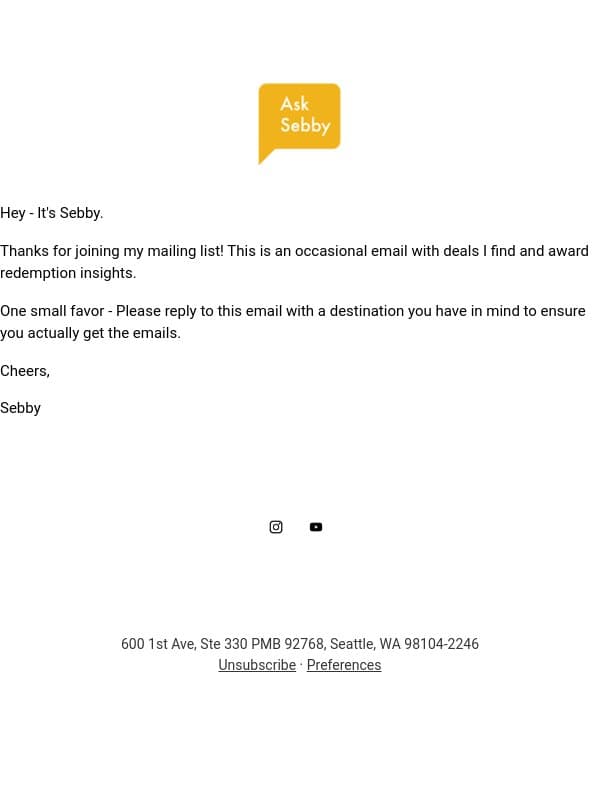 Welcome to Ask Sebby's Newsletter! email from AskSebby screenshot