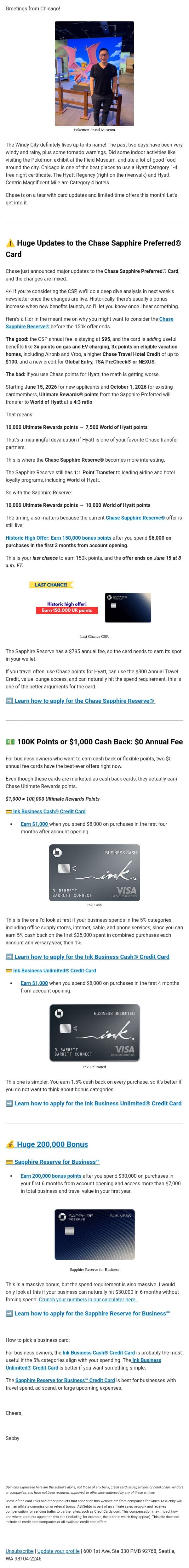 💳 Major Updates to the Chase Sapphire Preferred® Card 💰 Up to 200k Bonuses email from AskSebby screenshot