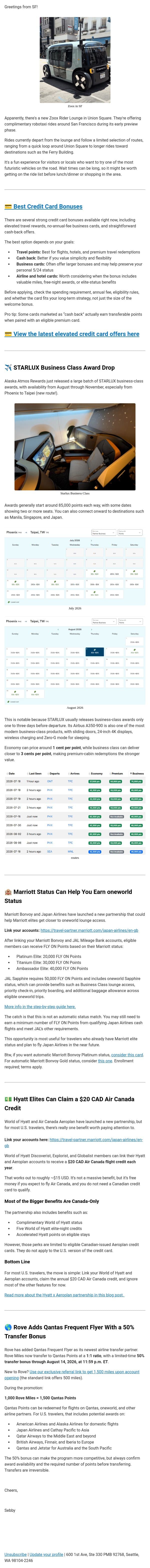 βοΈ STARLUX Award Space Drop π¨ Marriott's oneworld Status Opportunity email from AskSebby screenshot
