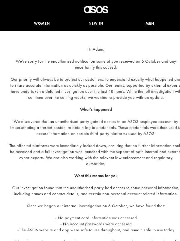 An update on the unauthorised ASOS notification email from ASOS