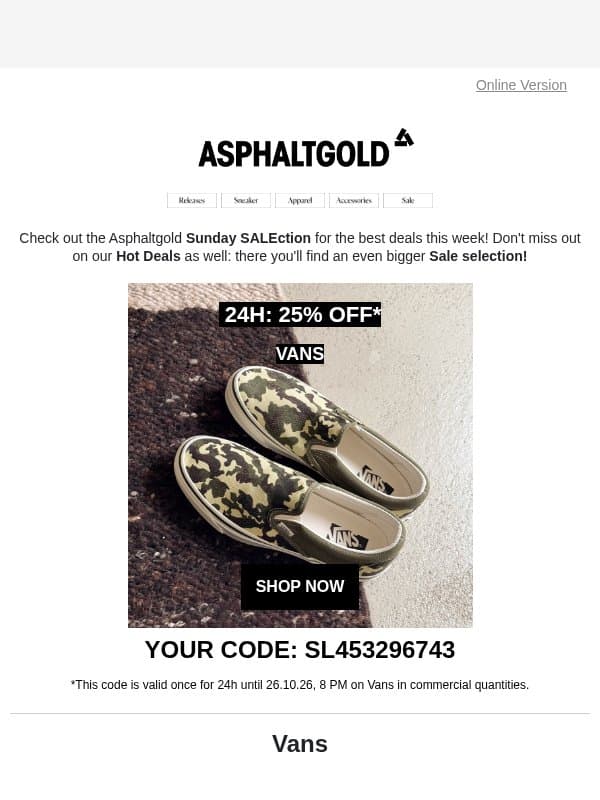 ✅Sale Access: 25% off Vans! email from Asphaltgold