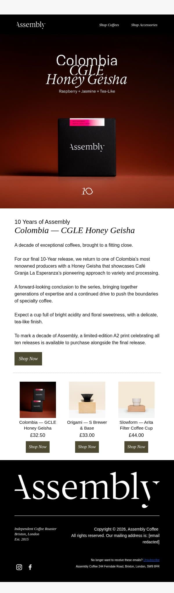 New: Colombia – CGLE Honey Geisha email from Assembly Coffee screenshot