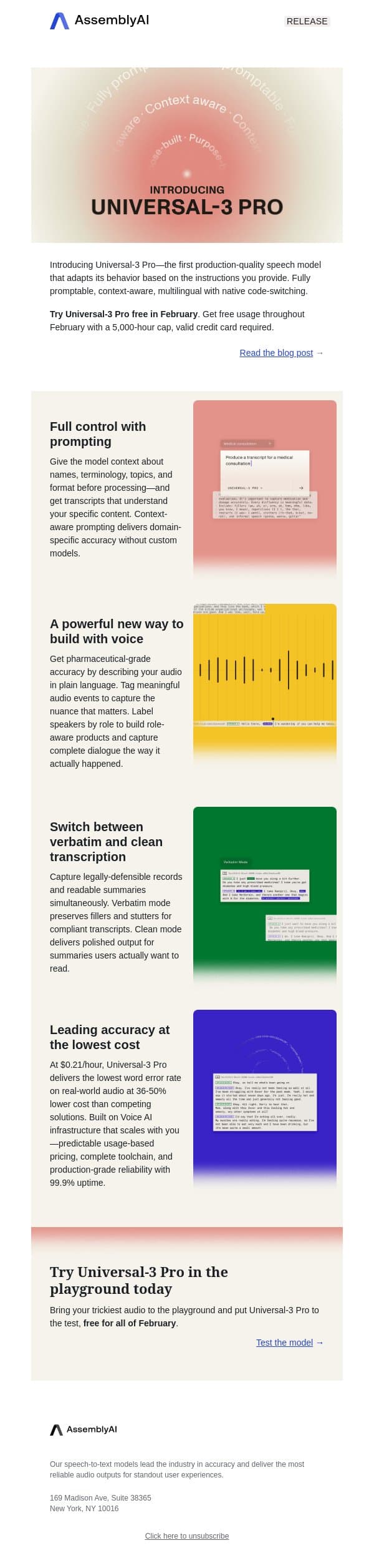 universal-3 pro is here—try it free in February email from AssemblyAI screenshot