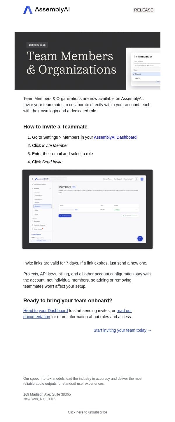 π Team members & organizations email from AssemblyAI screenshot