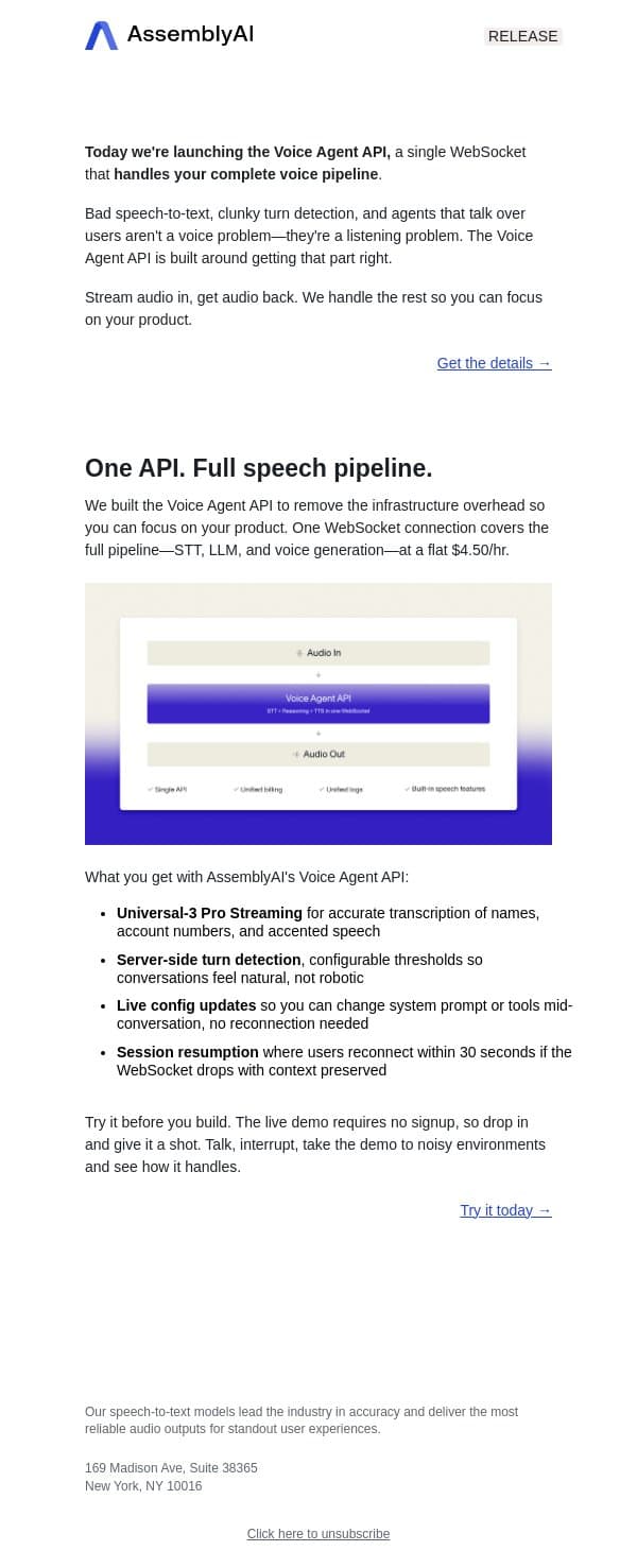 Introducing the Voice Agent API email from AssemblyAI screenshot