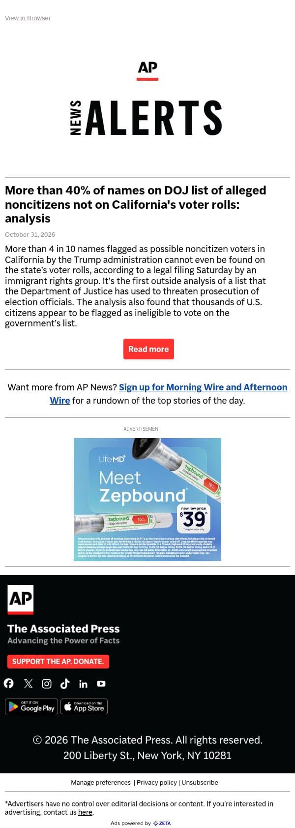 More than 40% of names on DOJ list of alleged noncitizens not on California's voter rolls: analysis email from Associated Press screenshot