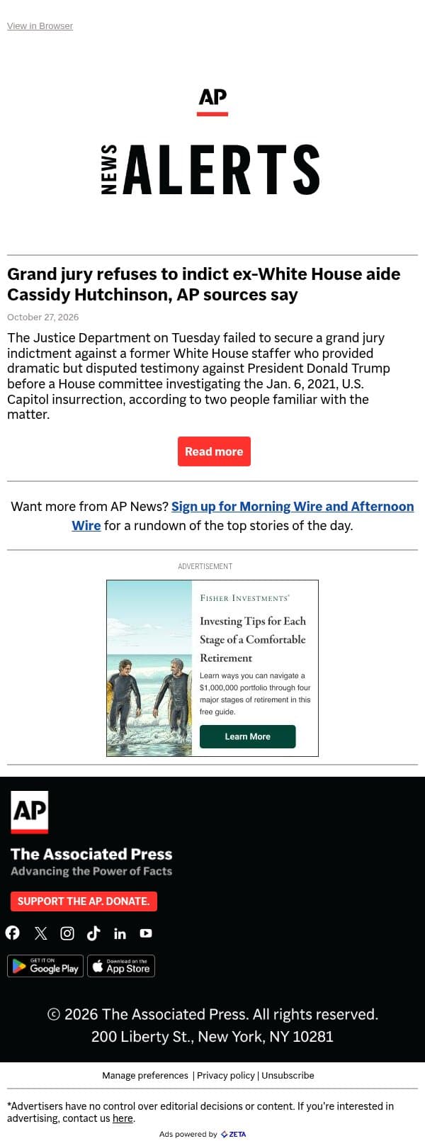 Grand jury refuses to indict ex-White House aide Cassidy Hutchinson, AP sources say email from Associated Press screenshot