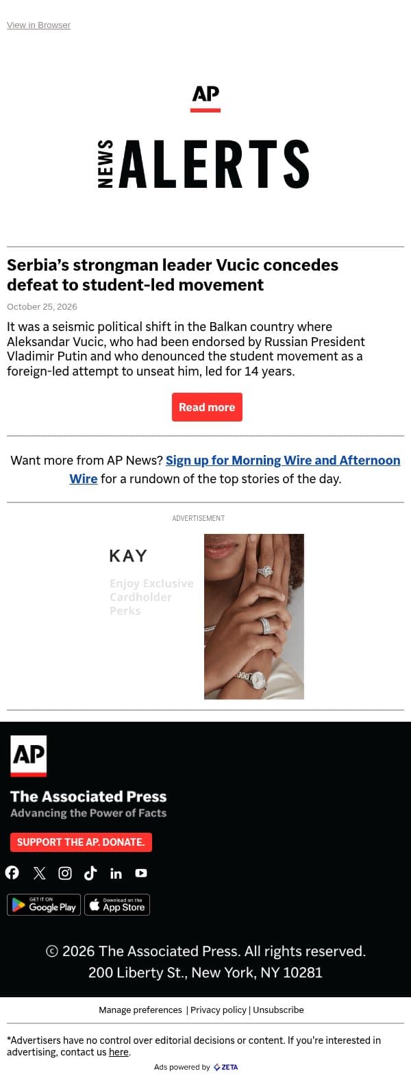 Serbia’s strongman leader Vucic concedes defeat to student-led movement email from Associated Press screenshot
