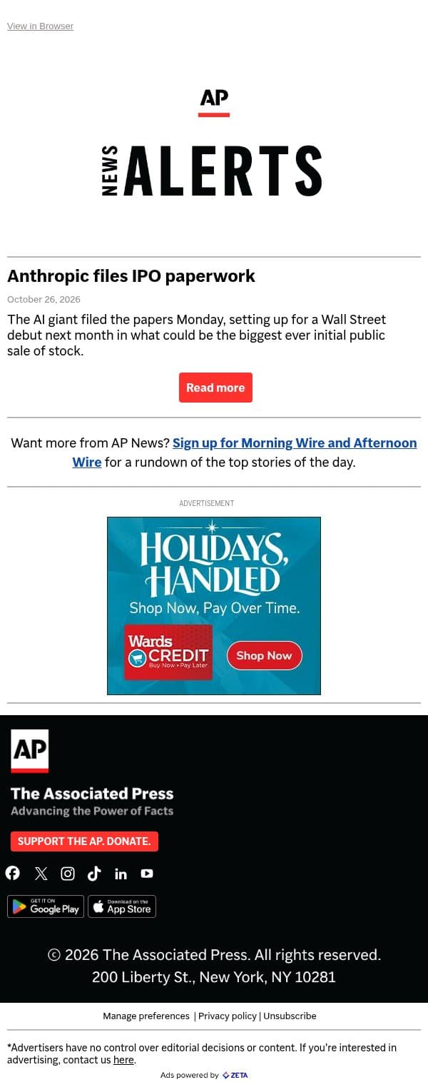 Anthropic files IPO paperwork email from Associated Press screenshot