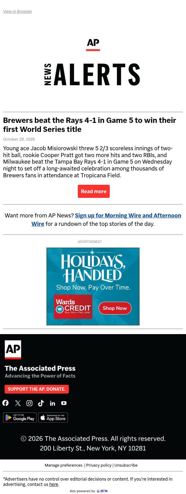 Brewers beat Rays to win their first World Series title email from Associated Press screenshot