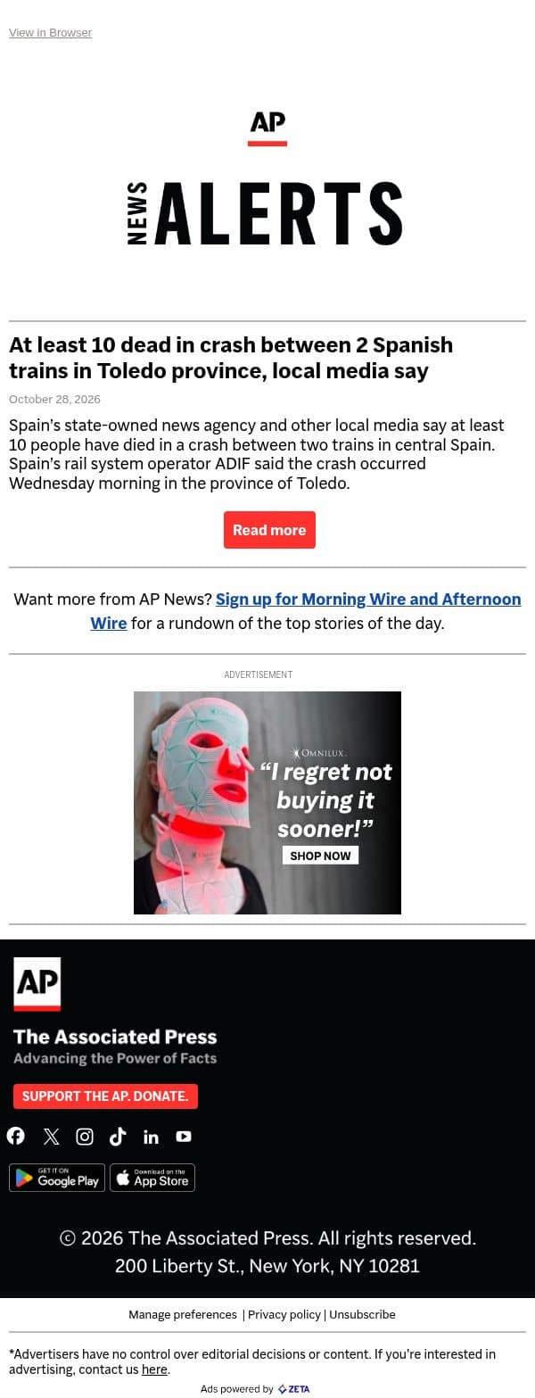 At least 10 dead in crash between 2 Spanish trains in Toledo province, local media say email from Associated Press screenshot