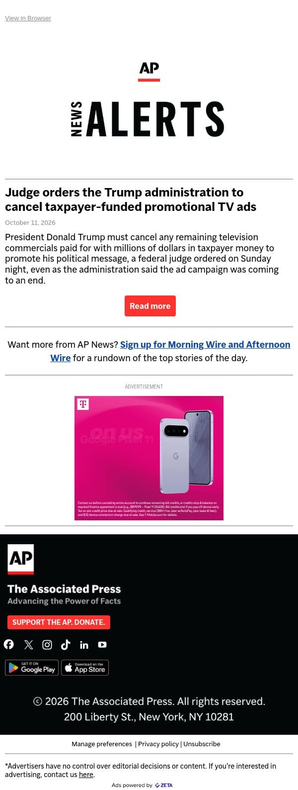 Judge orders the Trump administration to cancel taxpayer-funded promotional TV ads email from Associated Press screenshot