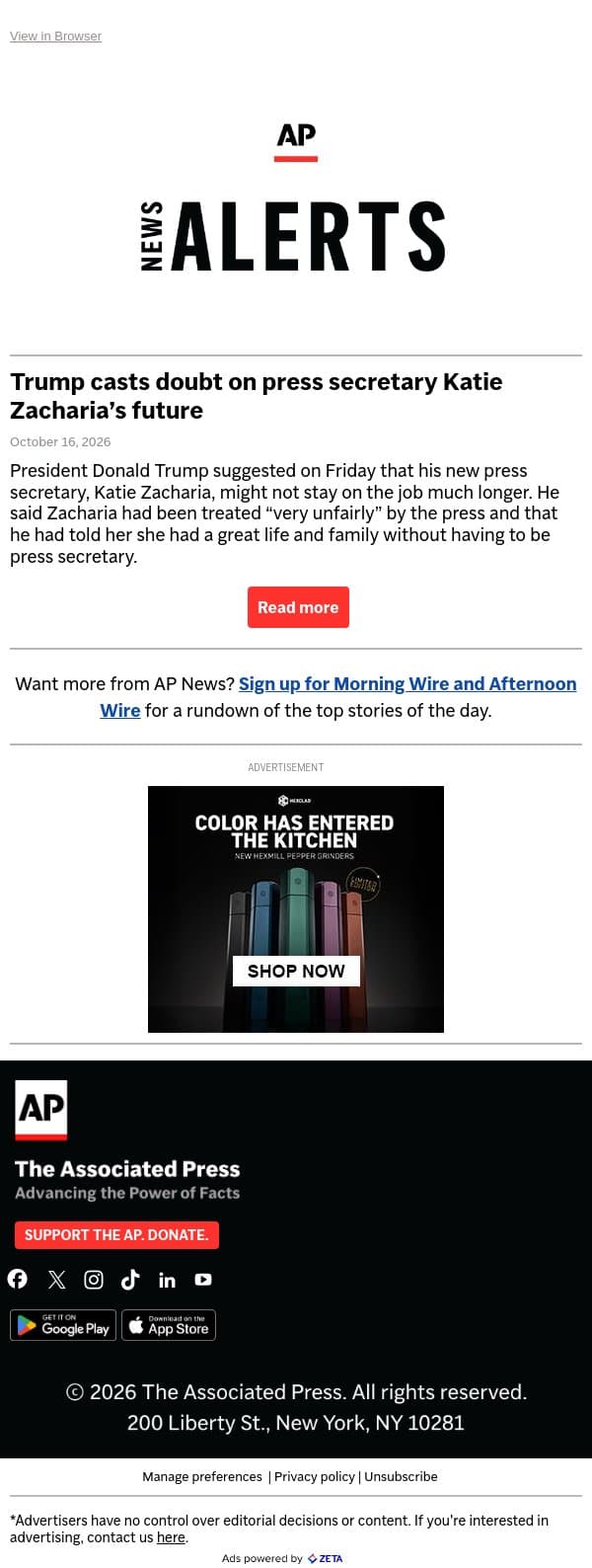 Trump casts doubt on press secretary Katie Zacharia’s future email from Associated Press screenshot