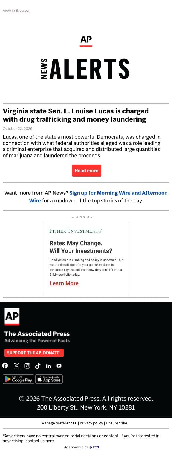 Virginia state Sen. L. Louise Lucas is charged with drug trafficking and money laundering email from Associated Press screenshot