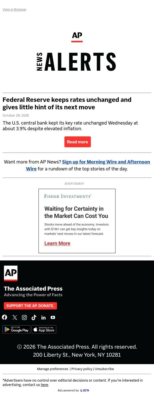 Federal Reserve keeps rates unchanged and gives little hint of its next move email from Associated Press screenshot