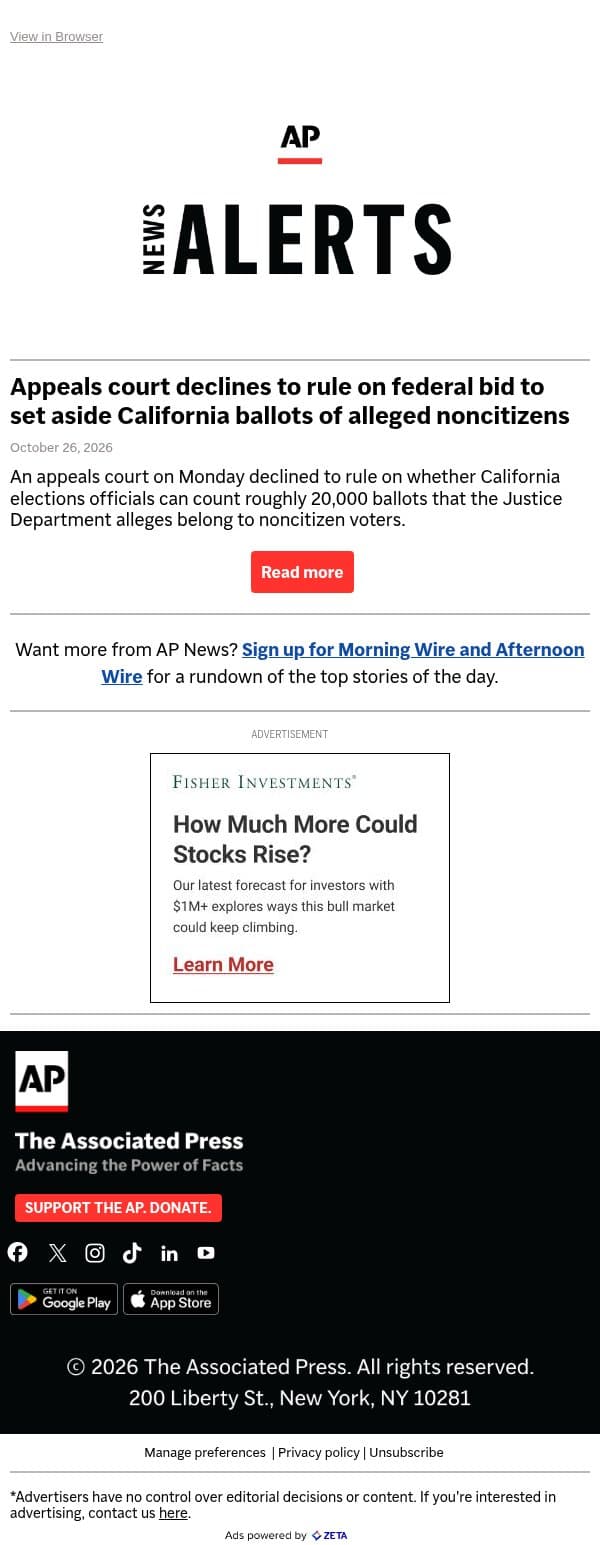 Appeals court declines to rule on federal bid to set aside California ballots of alleged noncitizens email from Associated Press screenshot