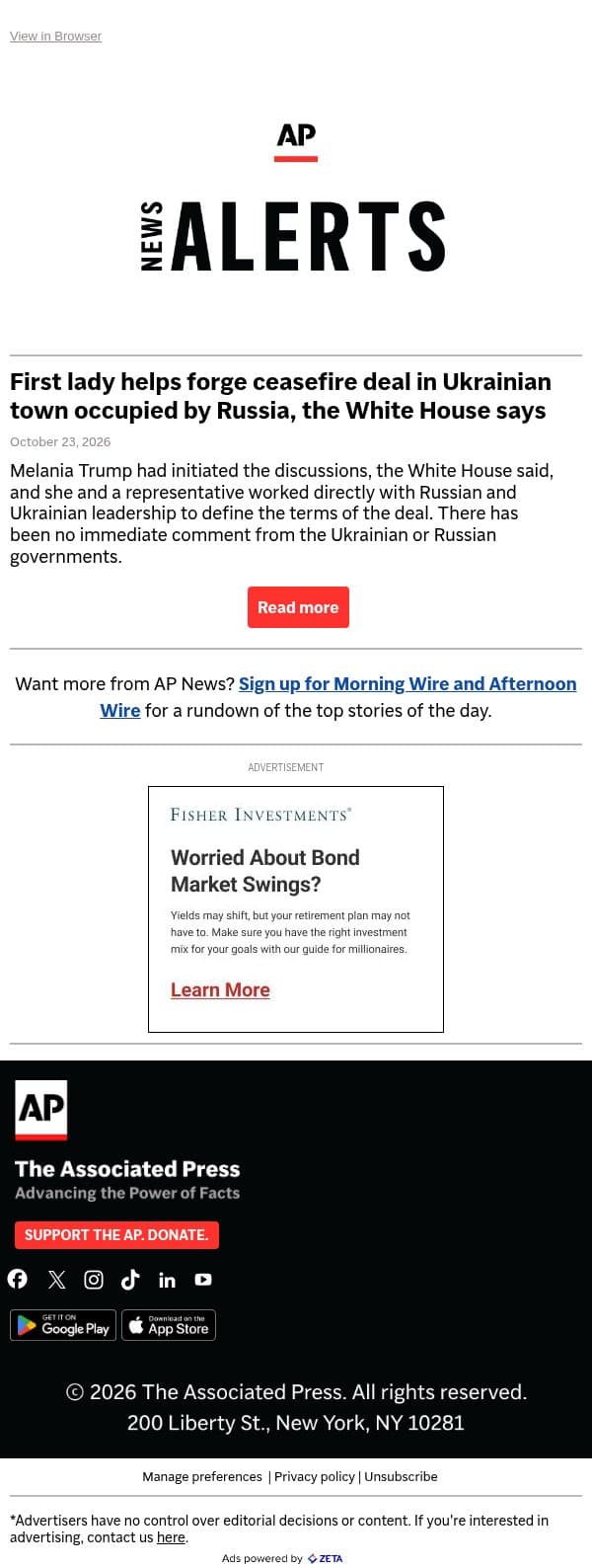 First lady helps forge ceasefire deal in Ukrainian town occupied by Russia, the White House says email from Associated Press screenshot
