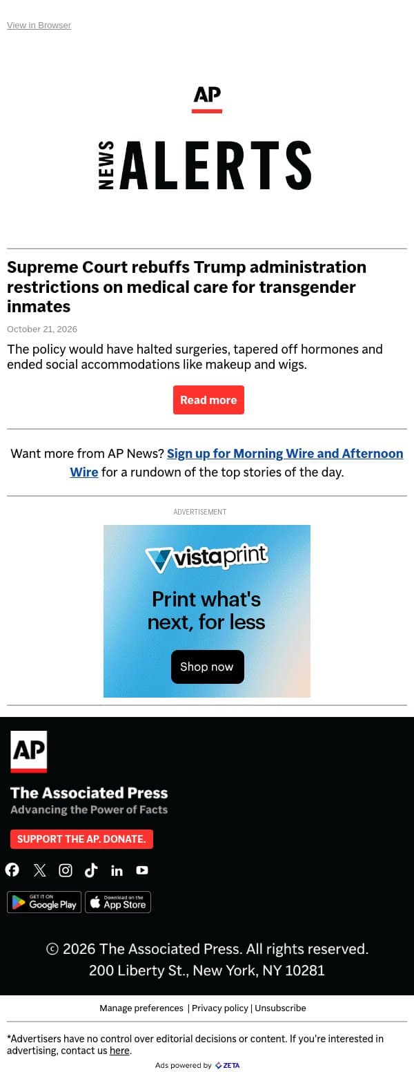 Supreme Court rebuffs Trump administration restrictions on medical care for transgender inmates email from Associated Press screenshot