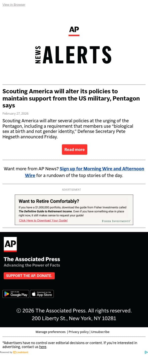 Scouting America will alter its policies to maintain support from the US military, Pentagon says email from Associated Press screenshot