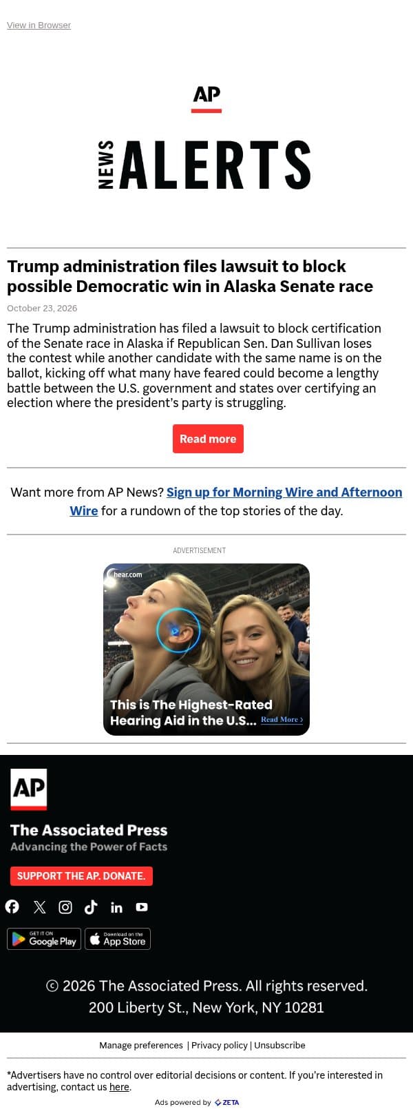 Trump administration files lawsuit to block possible Democratic win in Alaska Senate race email from Associated Press screenshot
