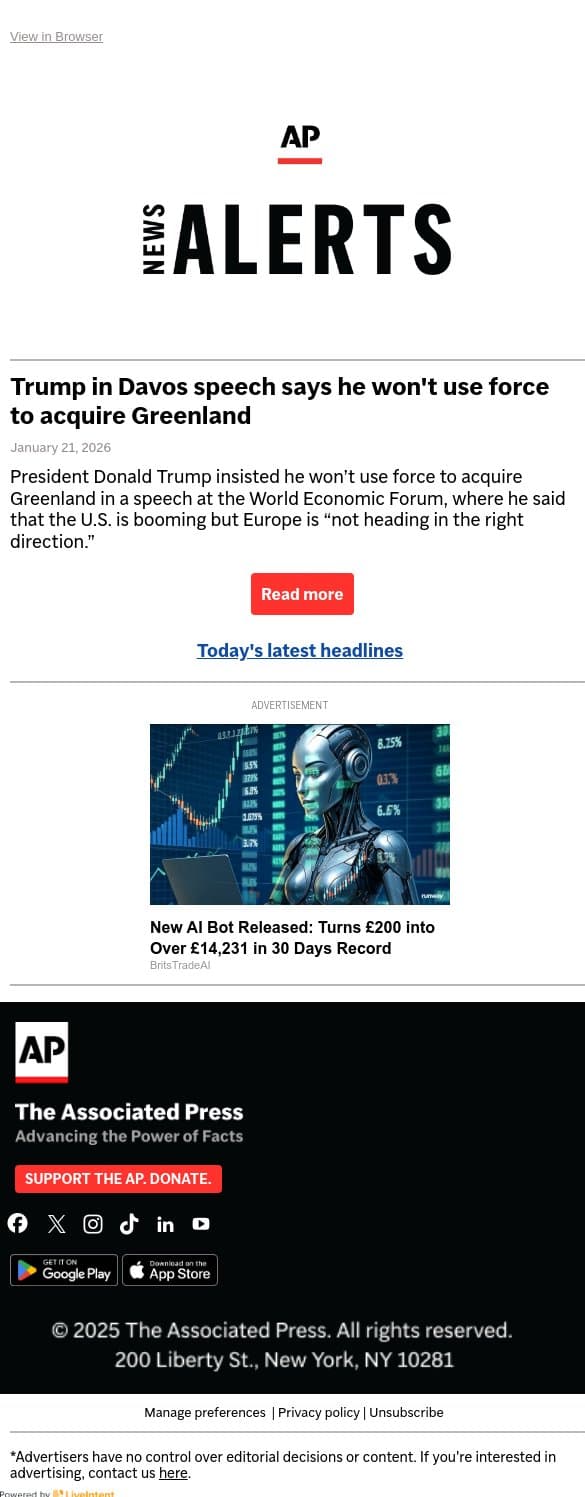 Trump in Davos speech says he won't use force to acquire Greenland email from Associated Press screenshot