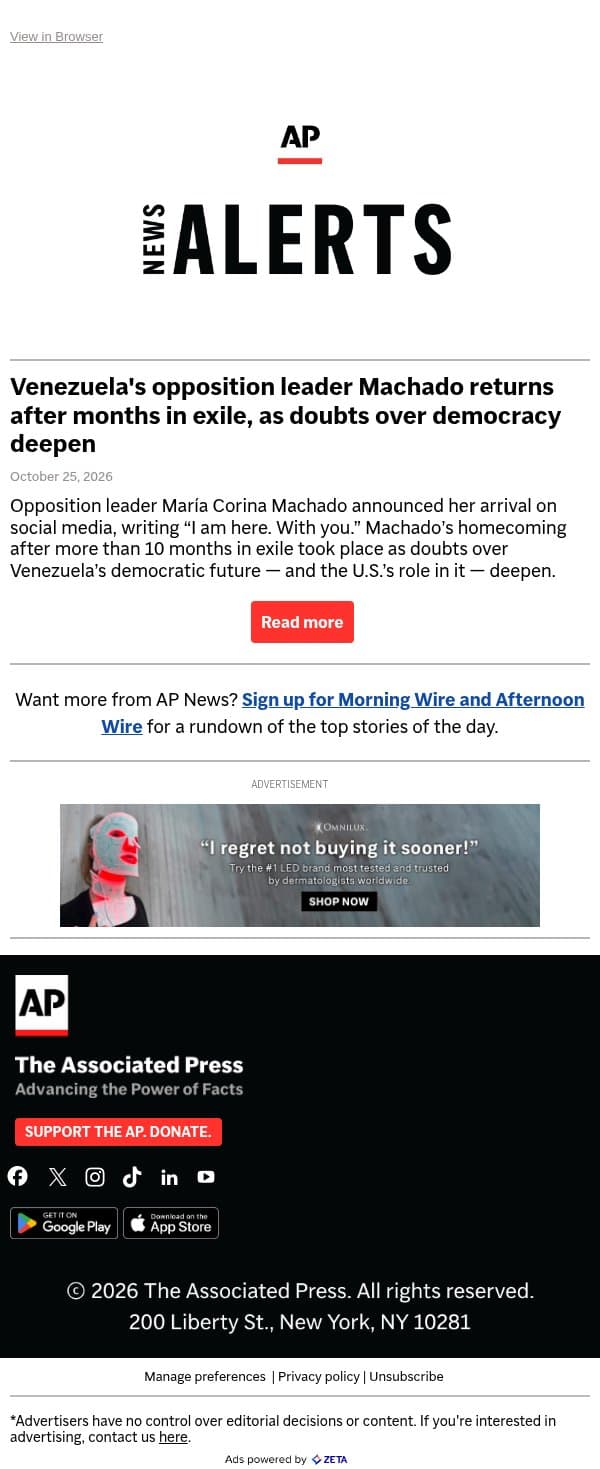 Venezuela's opposition leader Machado returns after months in exile, as doubts over democracy deepen email from Associated Press screenshot