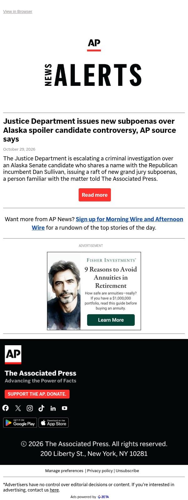 Justice Department issues new subpoenas over Alaska spoiler candidate controversy, AP source says email from Associated Press screenshot