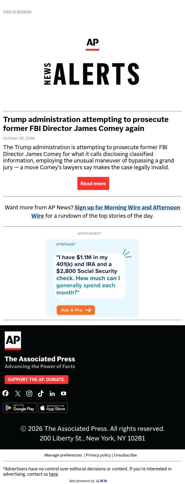 Trump administration attempting to prosecute former FBI Director James Comey again email from Associated Press screenshot