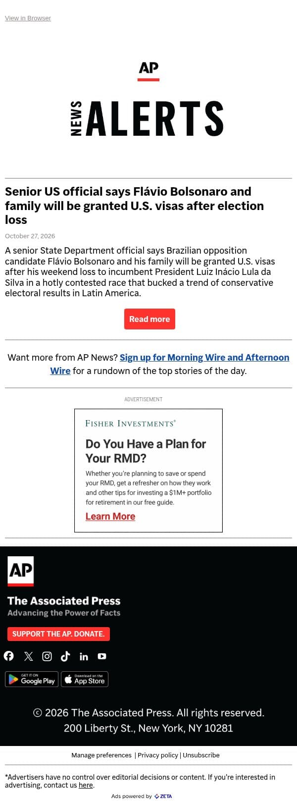 Senior US official says Flávio Bolsonaro and family will be granted U.S. visas after election loss email from Associated Press screenshot