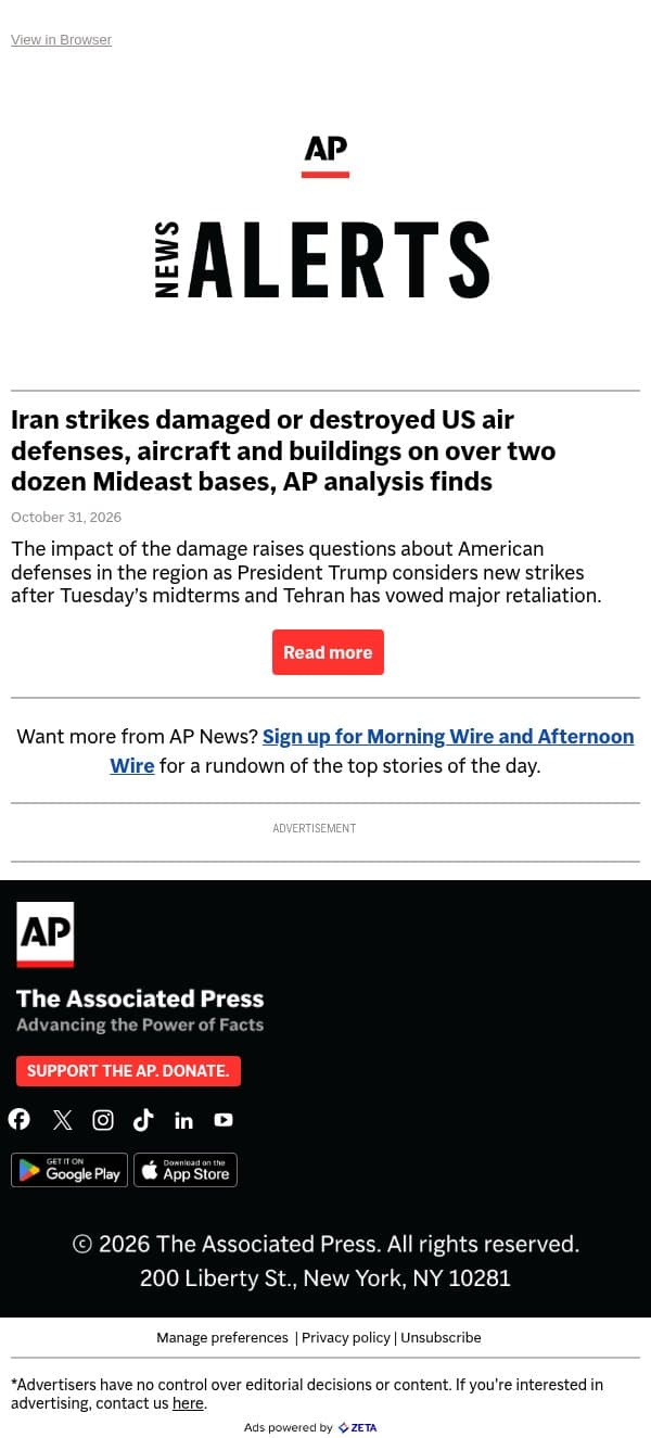 Iran strikes damaged or destroyed US air defenses, aircraft and buildings on over two dozen Mideast bases, AP analysis finds email from Associated Press screenshot