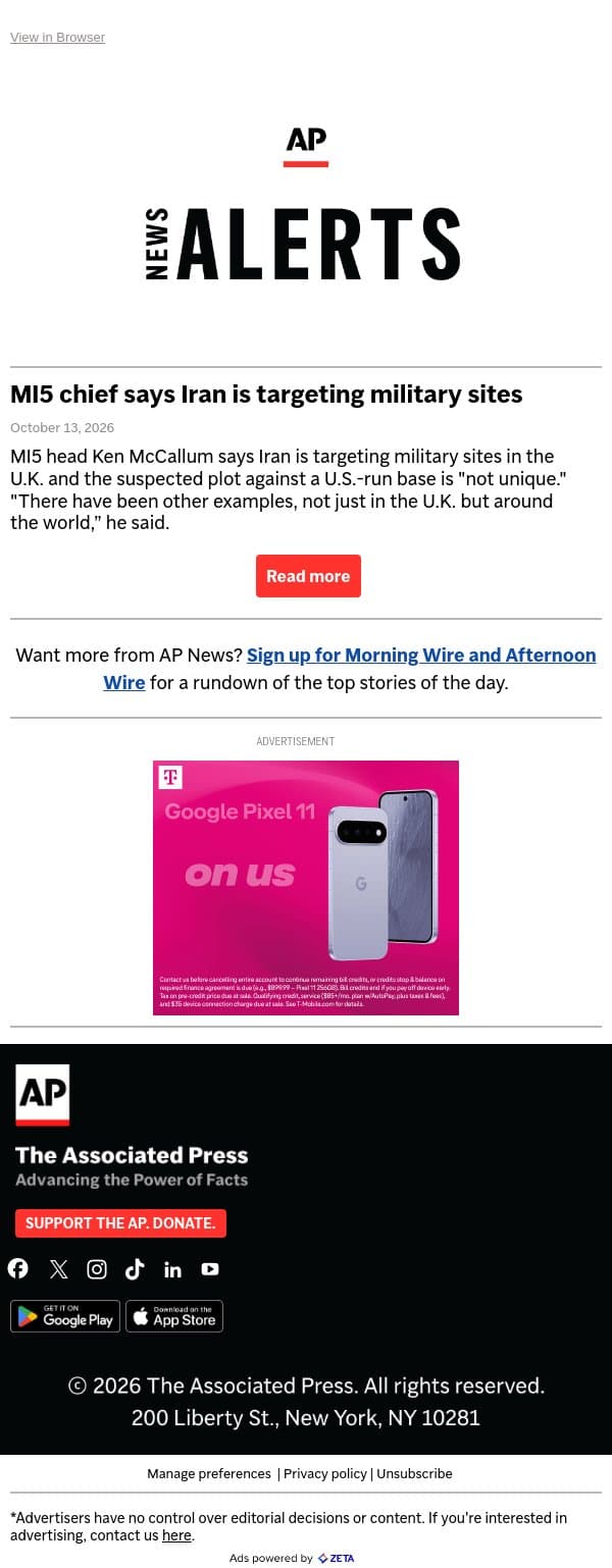 MI5 chief says Iran is targeting military sites email from Associated Press screenshot