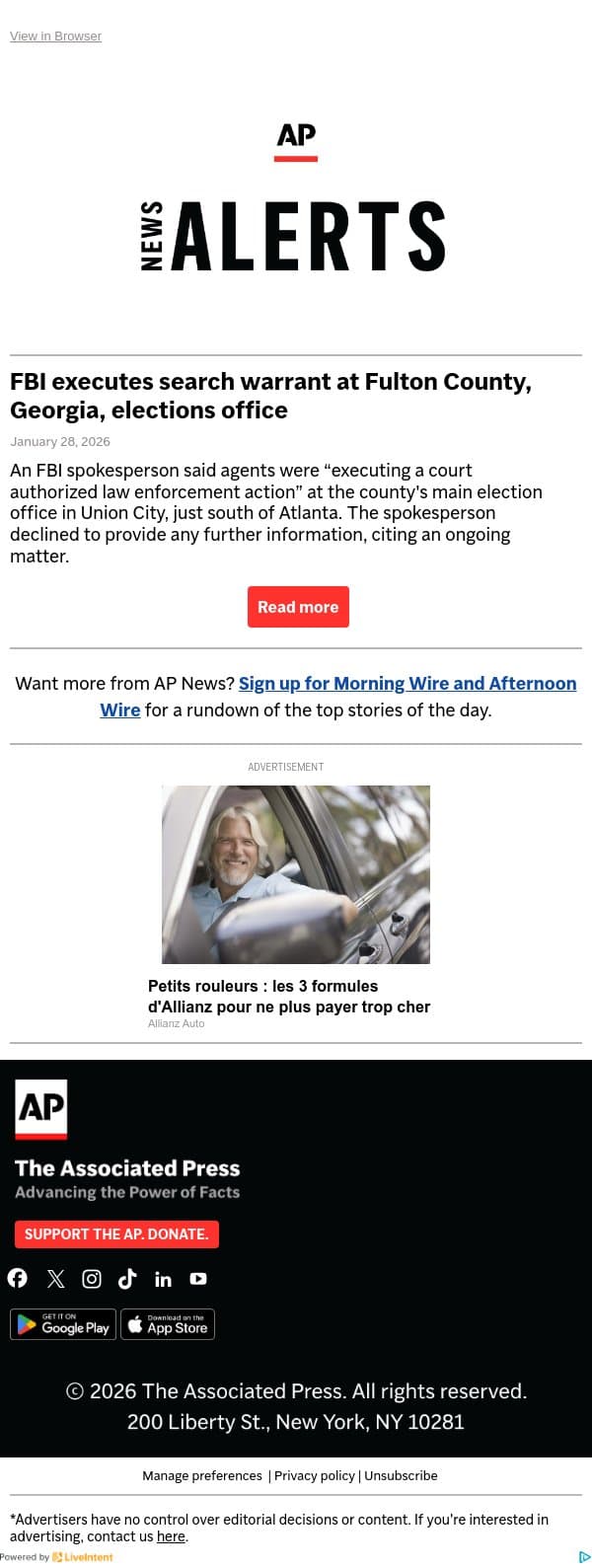 FBI executes search warrant at Fulton County, Georgia, elections office email from Associated Press screenshot