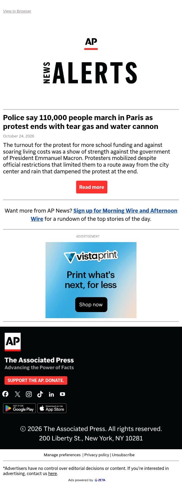 Police say 110,000 people march in Paris as protest ends with tear gas and water cannon email from Associated Press screenshot