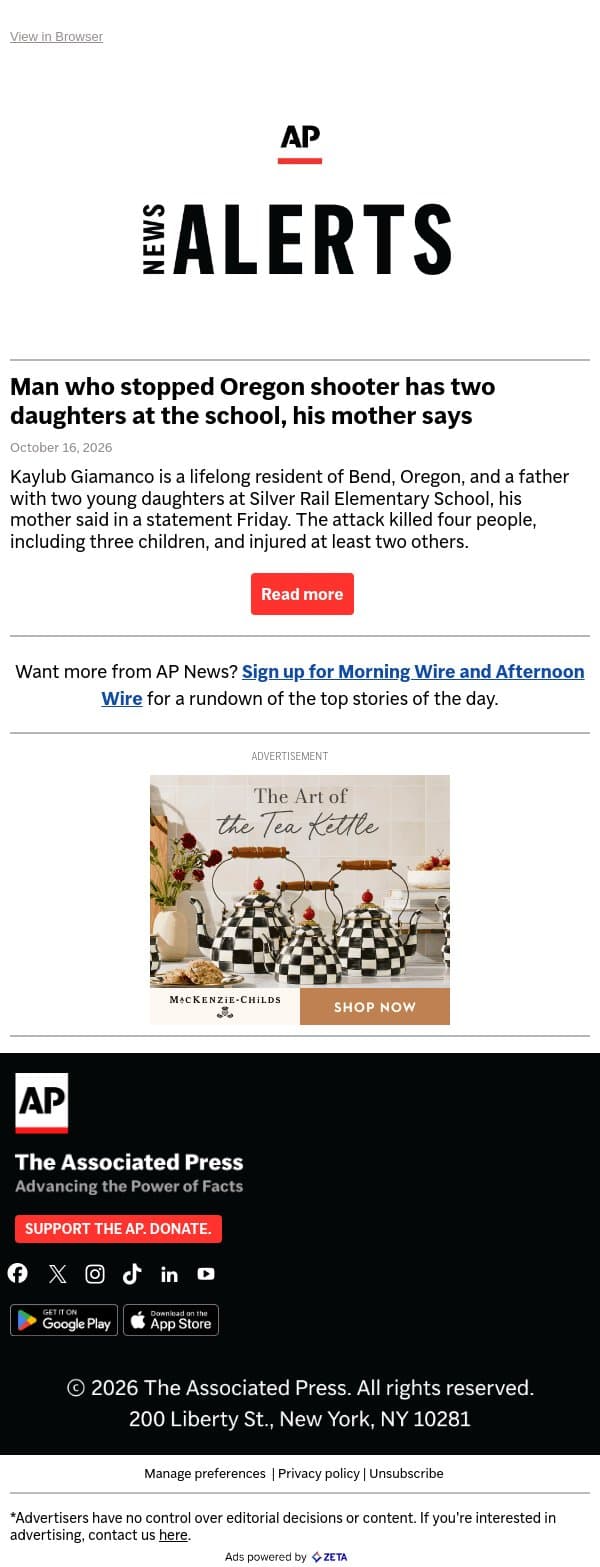 Man who stopped Oregon shooter has two daughters at the school, his mother says email from Associated Press screenshot