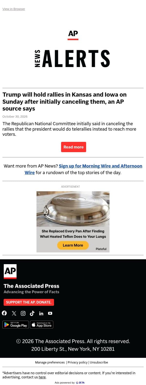 Trump will hold rallies in Kansas and Iowa on Sunday after initially canceling them, an AP source says email from Associated Press screenshot