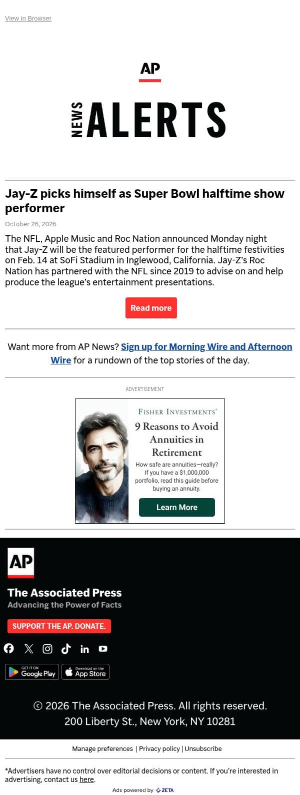 Jay-Z picks himself as Super Bowl halftime show performer email from Associated Press screenshot